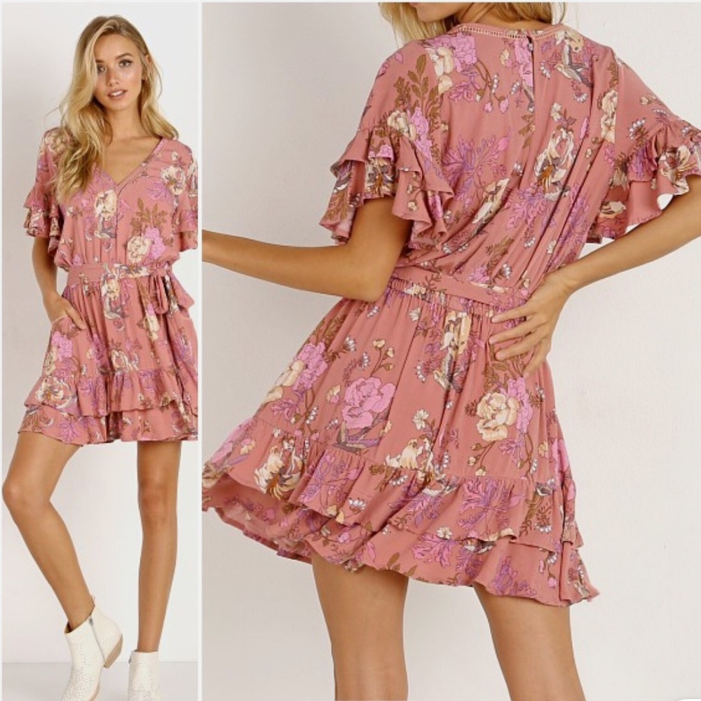 Spell Rose Pink Floral Ruffle Short Dress